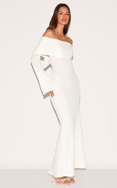 Cream Textured Extreme Bardot Long Sleeve Maxi Dress HKr-0012