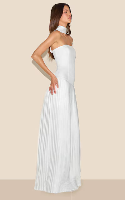 Cream Woven Asymmetric Pleated Maxi Dress HKr-0013