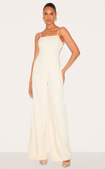 Cream Woven Backless Square Neck Wide Leg Jumpsuit HKr-0041