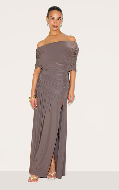 Petite Taupe Double Layer Slinky Bardot One Shoulder Ruched Maxi Dress HKr-0042