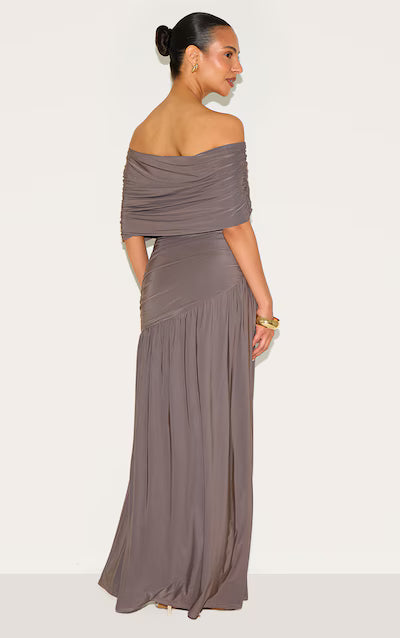 Petite Taupe Double Layer Slinky Bardot One Shoulder Ruched Maxi Dress HKr-0042