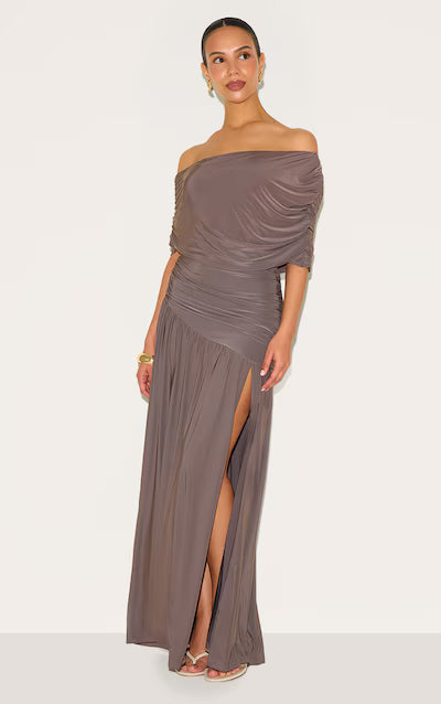 Petite Taupe Double Layer Slinky Bardot One Shoulder Ruched Maxi Dress HKr-0042