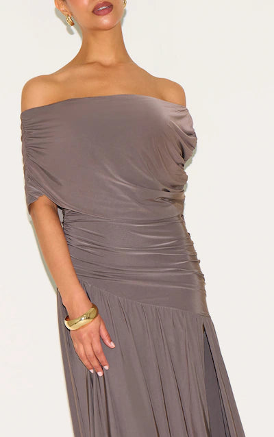 Petite Taupe Double Layer Slinky Bardot One Shoulder Ruched Maxi Dress HKr-0042