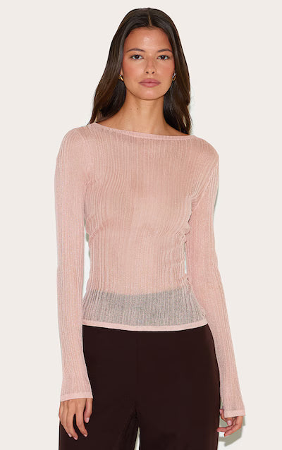 Pink Sheer Knit Long Sleeve Boat Neck Top HKr-0048