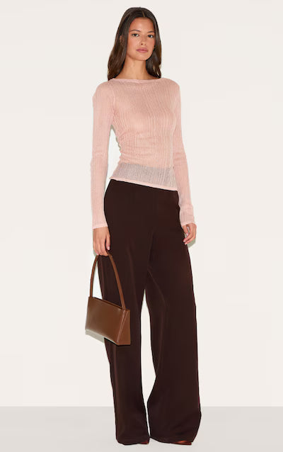 Pink Sheer Knit Long Sleeve Boat Neck Top HKr-0048