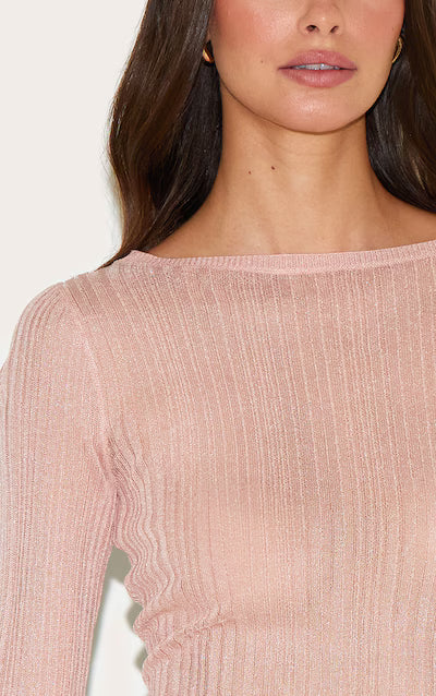 Pink Sheer Knit Long Sleeve Boat Neck Top HKr-0048