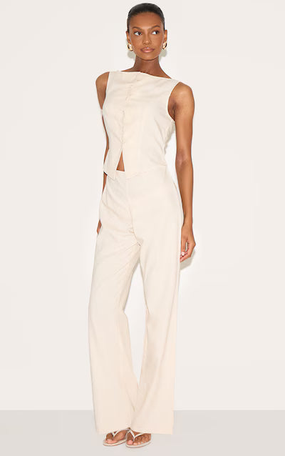 Stone Linen Blend Vest Detail Straight Leg Jumpsuit HKr-0047
