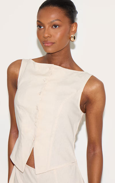 Stone Linen Blend Vest Detail Straight Leg Jumpsuit HKr-0047