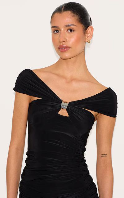 Tall Black Double Layer Slinky Trim Detail Bardot Long Top HKr-0019