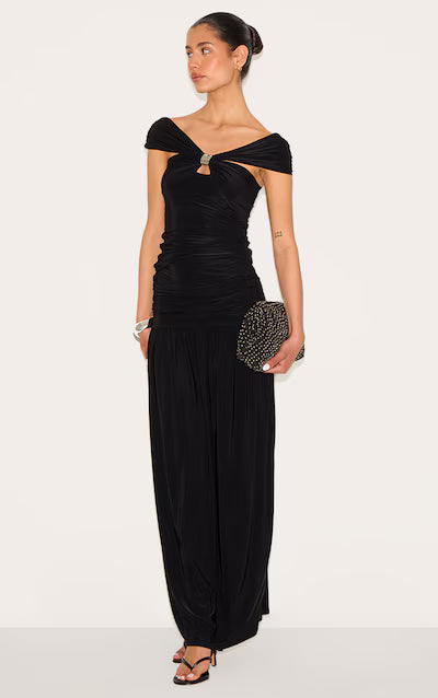 Tall Black Double Layer Slinky Trim Detail Bardot Long Top HKr-0019