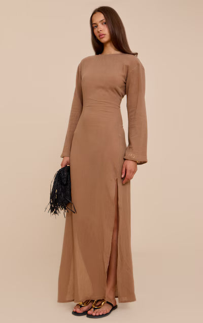 Taupe Textured Long Sleeve Maxi Dress AS-0031