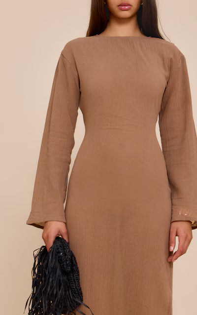 Taupe Textured Long Sleeve Maxi Dress AS-0031