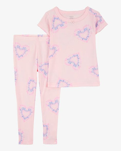 بيجامات قطنية ١٠٠٪؜ بنقشة قلوب مصبوغة بالربط للبنات الصغار - وردي HKr-K0034