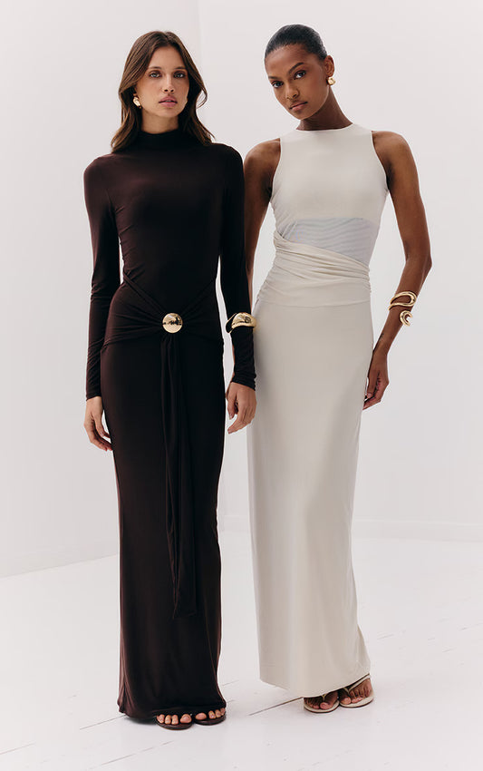 Chocolate Slinky Belt Detail Maxi Dress HKr-0001